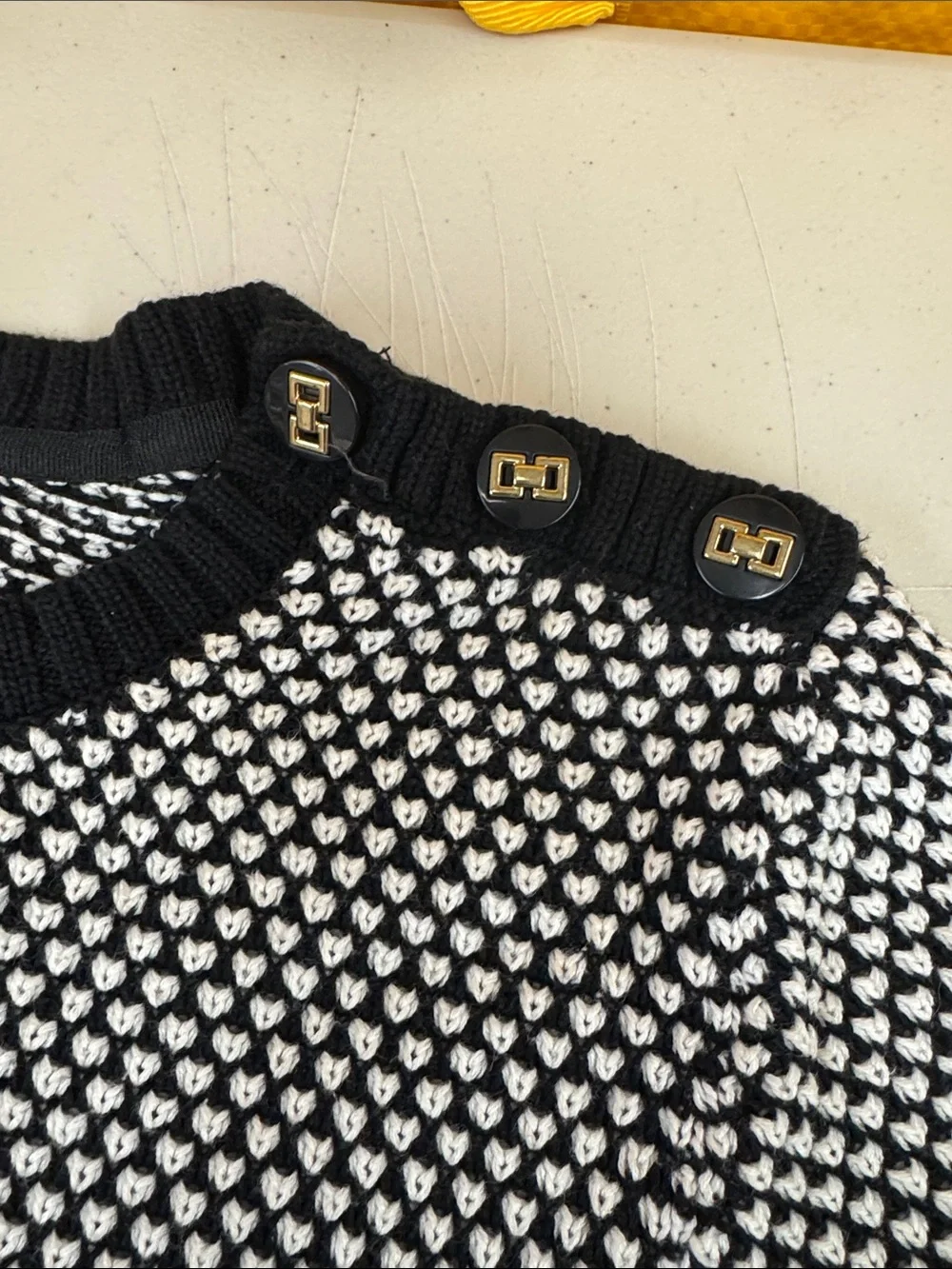 Charter Club Petite large black & White Textured Knit Sweater with Button Detail